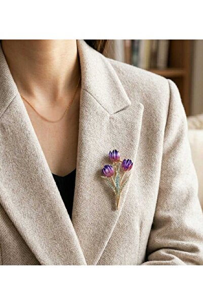 Daily Bazaar Lila Rüya: Üçlü Lale Buketi Zirkon Taşlı Mine İşlemeli Broş