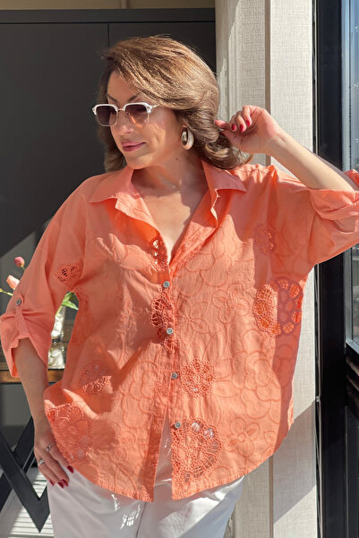 MİSLİNA BUTİK Nakış Çiçek Desen Orange Gömlek