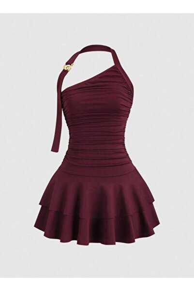 Women's One Shoulder Layer Skirt Buckle Detailed Design Mini Dress