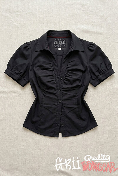 GRİİ WEAR Kadın Kol Ve Ön Büzgülü Şık Bluz Arkadan Bağlamalı Ayarlanabilir Bel