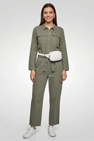 PROMOD Women Washed Long Sleeve Jumpsuit, Washed Green