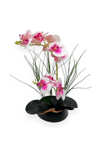 AFO Γλάστρα με 2 τεχνητά στελέχη ορχιδέας και χόρτο σε γλάστρα - Λευκό Συκαμόρε