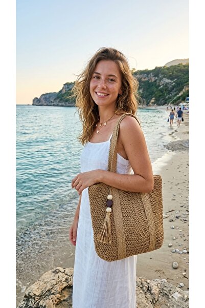 podyumgiyim Hand Knitted Stylish Beach and Daily Bag - Lined Shoulder Bag wit...