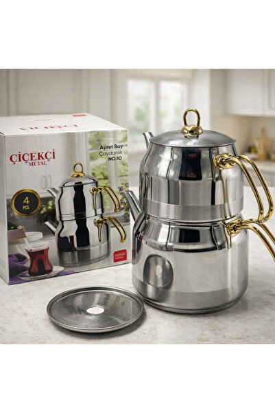 Rivorn Gold Mega Aşiret Size Steel Teapot Set 2.5 + 4.5 Lt Double Lid Inducti...