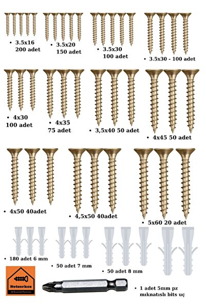 Netzerkoz 1200 parça YHB Sunta Vidası ve Dübel Seti- (M3,5 - M4 - M4,5 - M5 V...