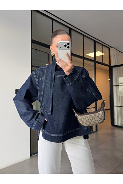 My Blog Navy Blue Denim Jacket with Tie Detail at the Collar - 0943