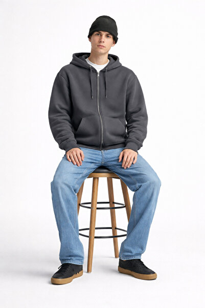 YAKAMEL Erkek Oversize Bol Kapşonul Cepli Hoodie Hırka