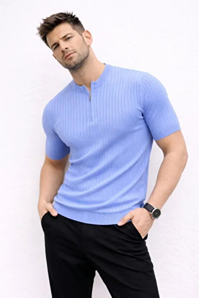 JANES Men's Short Sleeve Ribbed Knit T-Shirt Summer High Collar T-Shirt - Bab...