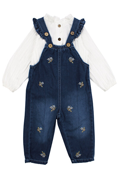 bebegen Girl's White Navy Blue Floral Embroidered Buttoned Shirt and Denim Sa...