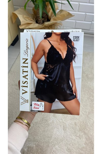 Visatin Lingerie Women's Satin Lace Detailed Big Size Satin Nightgown Set