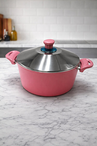 Rivorn Üzm 28 cm Cast Iron Deep Pot 6 Lt Metal Lid 4mm Thickness Pink
