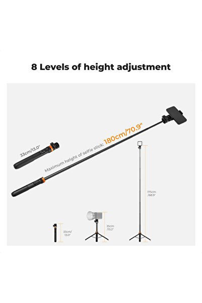 K&F CONCEPT 175CM Bluetooth Selfie Çubuğu & Tripod (1/4'' Evrensel Bağlantı Tipi)
