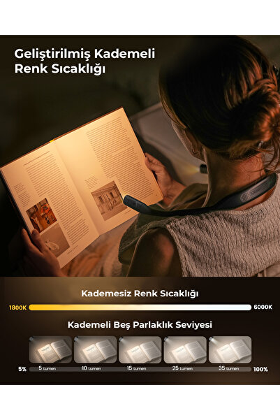 Glocusent Boyun Askılı Kitap Okuma Işığı - 5 Renk 5 Parlaklık Ayarlı USB Şarjlı Kitap Lambası Silikon Siyah