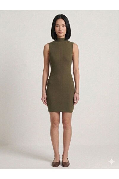 mor butik Women's Khaki High Neck Ribbed Sleeveless Mini Dress