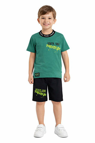 İrem Çocuk Giyim Boy's Paradise Text Patterned T-Shirt and Shorts Green Color...