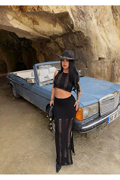 kırmızı butiks Μαύρο Πλεκτό Σετ Φούστας και Μπουστιέρας Δύο Τεμαχίων