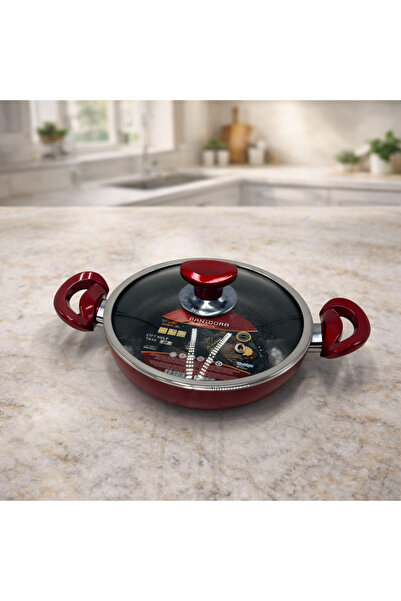 Rivorn Evinda 22 cm Sahan Non-Stick Pan with Honeycomb Base and Glass Lid, Red