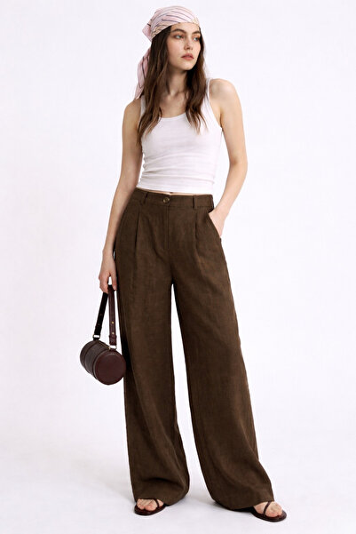 The Champ Clothing Γυναικείο παντελόνι Verona καφέ – Ψηλόμεσο με πιέτες, φαρδ...