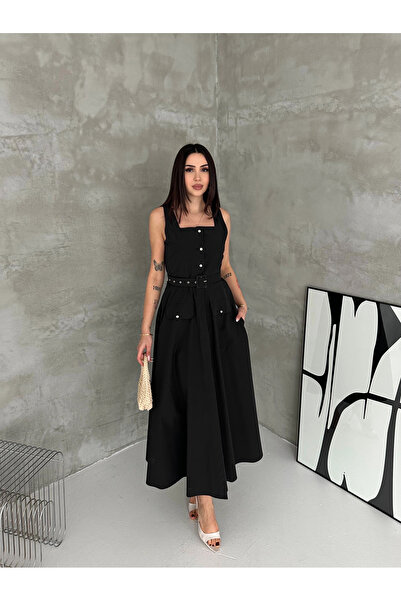 AsprinFashion Φόρεμα αλεξίπτωτου με τετράγωνο γιακά και ζώνη