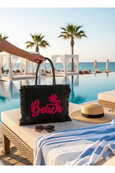 Axesoire NWC-1073 Μαύρη Ψάθινη Τσάντα Παραλίας με Γραφή 47x44 εκ.