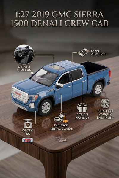 craftivio Motor Max 1:27 2019 GMC Sierra 1500 Denali Crew Cab Mavi Lisanslı D...