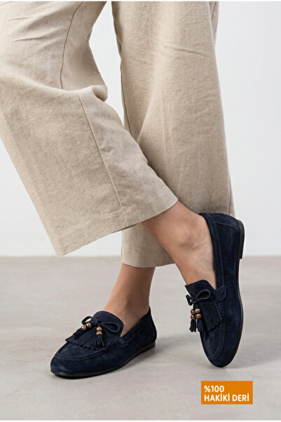 GİAMGİA STORE Kadın Taba Süet Hakiki Deri Püsküllü Boncuklu Loafer Makosen Dü...