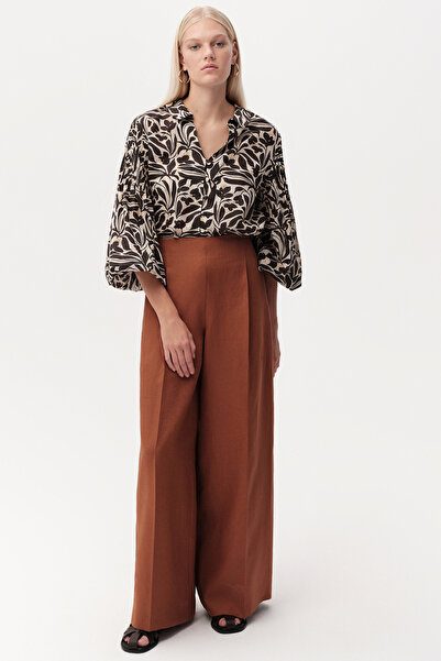 Exquise Λινό παντελόνι με πιέτες στη μέση, φαρδιά μπατζάκια και τσέπες, κανον...