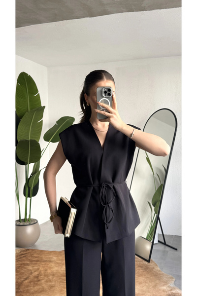 asfamoda Women's Black Buttoned Tie-Up Vest Pleated Palazzo Trousers Set Stylish Two-Piece Set with Tie-Up Detail