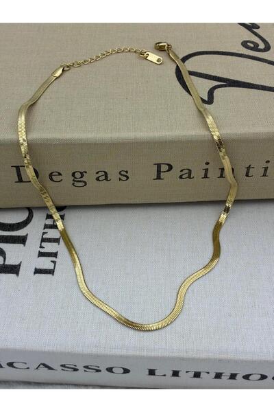 Hedef Bijuteri Steel Gold Color Flat Italian Chain Necklace (40cm)