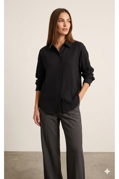 Meşe Moda Women's Black Seersucker Textured Oversize Long Sleeve Shirt