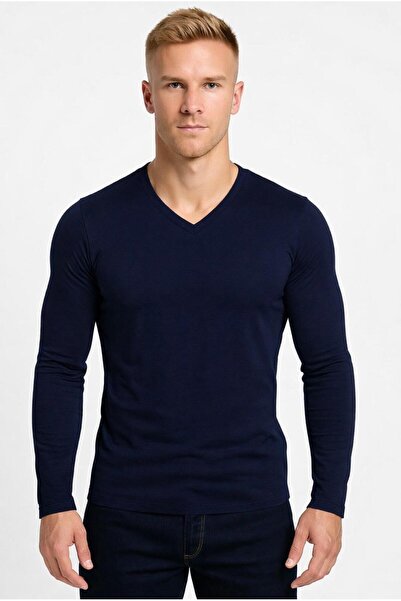 AXXEL Men's Navy Blue Cotton Lycra Single Jersey Long Sleeve T-Shirt-D236