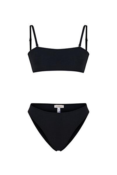 AQUELLA Pleated Black Bustier Bikini Set