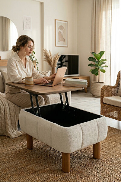 Zem Ester Sandıklı Mekanizmalı Orta Sehpa/Bench, Kırık Beyaz