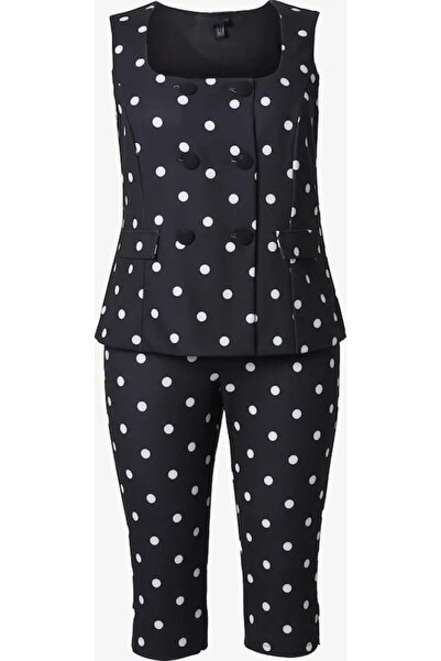 Şans Women's Plus Size Black, Square Neck, Button Closure, Vest Look, Polka D...