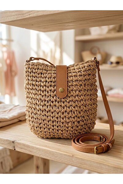 Axesoire NWC-1077 Καμηλόχρωμη Πλεκτή Χειροποίητη Ψάθινη Τσάντα 24x23 εκ.