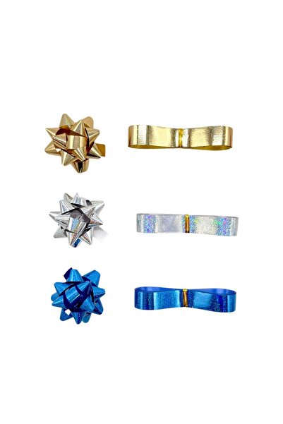 AFO Set of 3 Ribbons 5cm with Adhesive and 2m Roll Glitter Blue Gold Silver