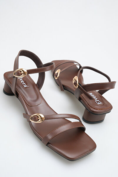 MALENTA Women's Bitter Brown Leather Sandals with Stylish Gold Buckle Detail,...