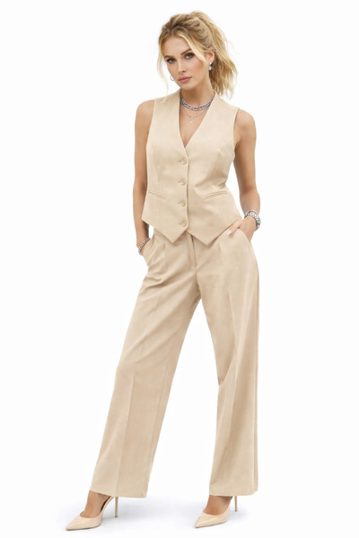 ribana Women's V-Neck Button Detailed Lined Fabric Vest Trousers Double Set 6709