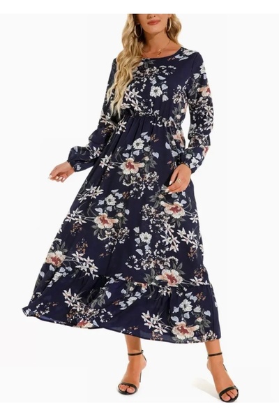 SOLOBUY Long Navy Blue Dress, Floral print, Long Sleeves