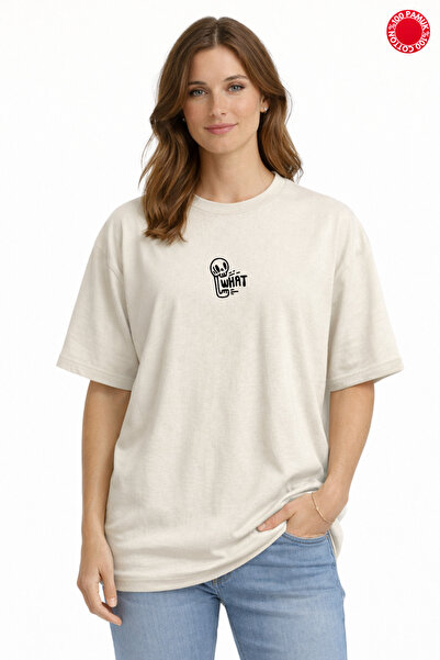 DUBU BUTİK Beige Oversize T-Shirt Unisex 100% Cotton with What Written Skull ...