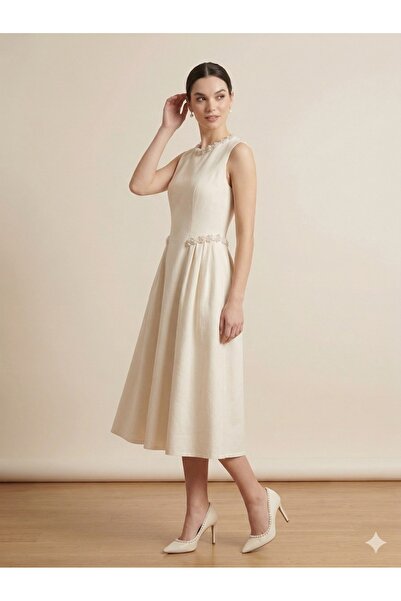 Ekol Beli Ve Yakası İncili Elbise 6908