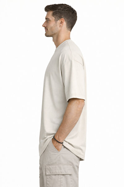 YUVEST Bej Oversize Tişört Unisex %100 Pamuk Original Yazılı Salaş Erkek Kadın T-Shirt