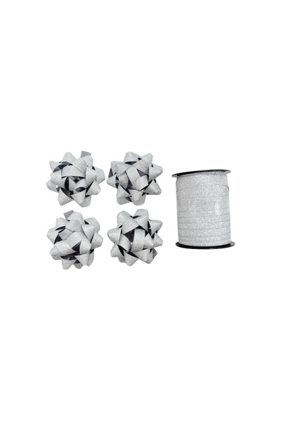 AFO Set of 4 Ribbons 5.5cm with Glue and 10m Roll Silver Glitter