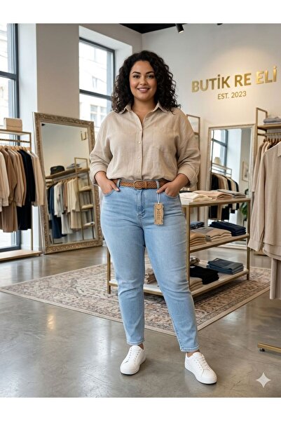 OwenLife Reepi̇ Jeans Battal Darpaça Full Rigla High Waist Ice Blue