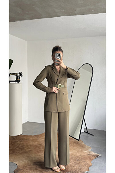 asfamoda Costum de damă kaki cu sacou, pantaloni și curea