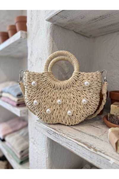 Axesoire NWC-1072 Μπεζ Ψάθινη Τσάντα με Πέρλες 22x21x7 εκ.
