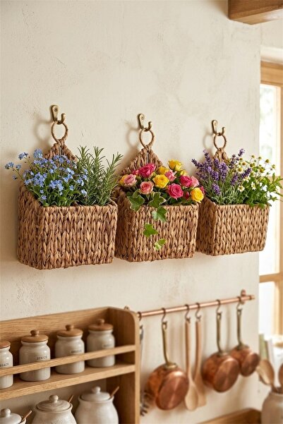 Bayev 3 Adet Hasır Örgü Asılabilir Dekoratif Sepet HSR004 - Posta Kutusu Deko...