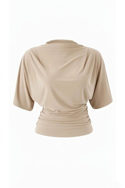 Edela Women's Body-Fitting Bat Sleeve Stretchy Gathered Blouse