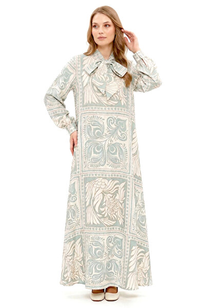 Lale Butik Yakası Bağlama Detay Etnik Desen Elbise 330347 Mint