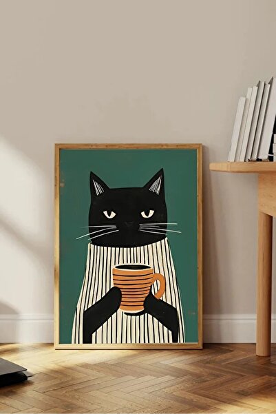 AR AJANS KANVAS TABLO Masă din MDF cu design Pisică Neagră și Cafea, cu cadru